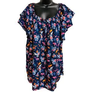 Terra & Sky Plus Size 3X Floral Blue Short Sleeve Ruffle Scoop Tunic Women New